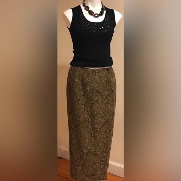 Talbots Maxi Rap Skirt  Tan & Black Brocade Designs Print Vintage SZ 10 - Picture 2 of 10